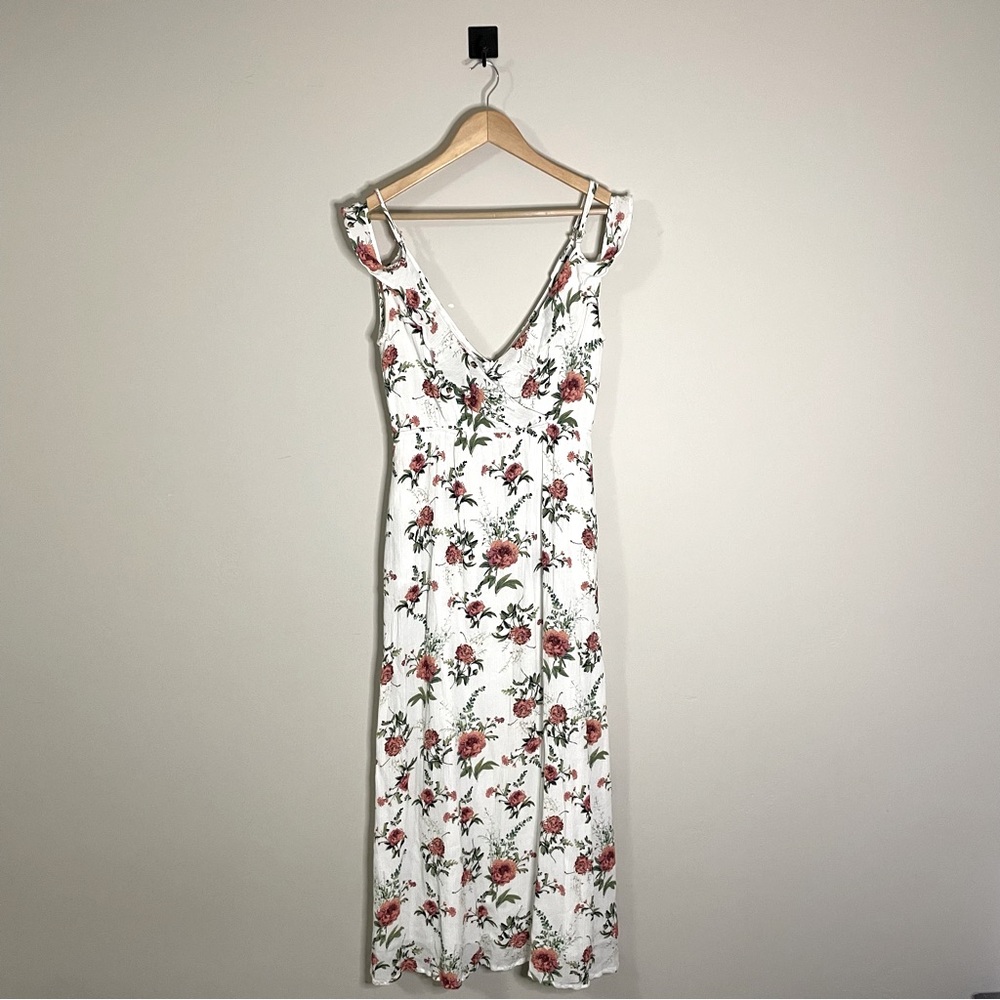 Listicle Floral Maxi Dress White with Red Flower Print Off Shoulder Ruffle